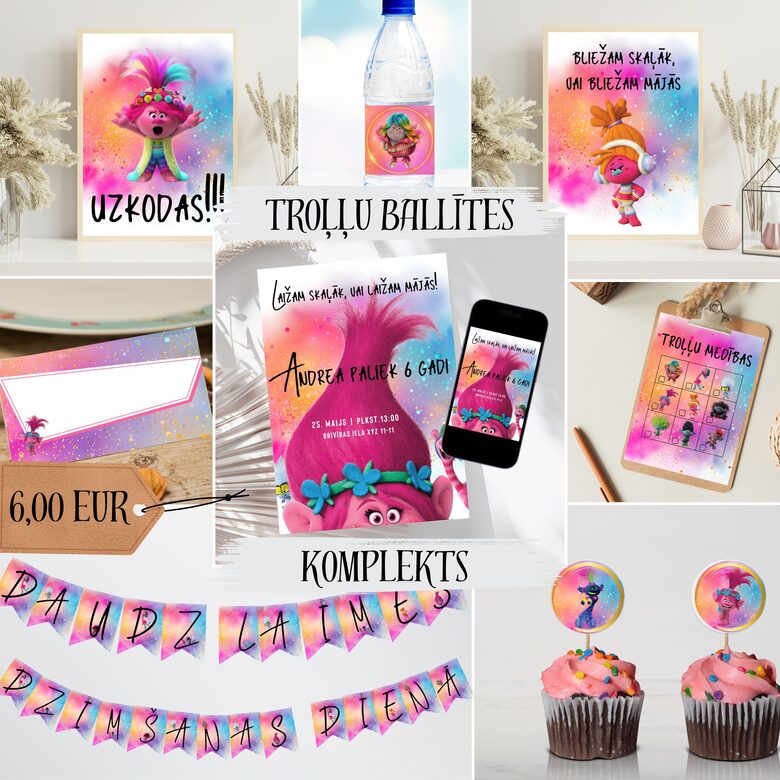 Troļļu dzimšanas dienas ballītes dekorāciju komplekts, digitāls JPG fails